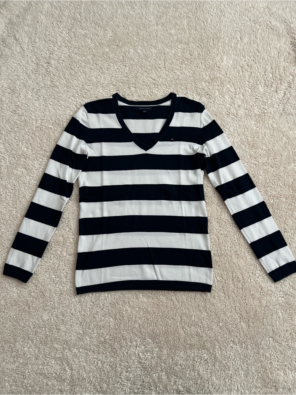 Tommy Hilfiger Women’s Navy White Striped V-Neck Cotton Sweater Size XS